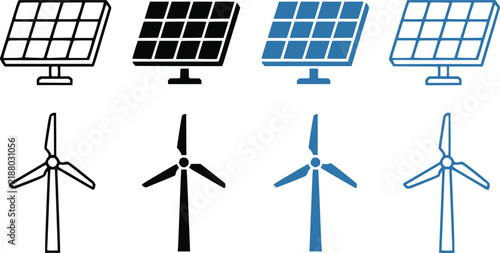 Set of solar panels and wind turbine icons for renewable and sustainable green energy power generation concepts