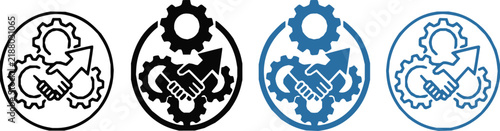 Set of four circular icons featuring a handshake inside interconnected gears representing industrial partnership and business collaboration