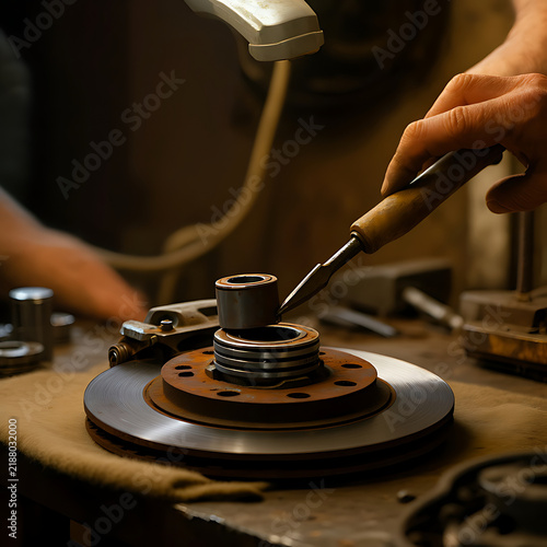Hand with chisel placing bearing on brake disc assembly in garage.