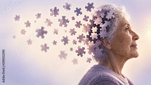  Senior woman profile with her head dissolving into flying puzzle pieces. Surreal metaphorical concept for Alzheimer's disease, dementia, and memory loss