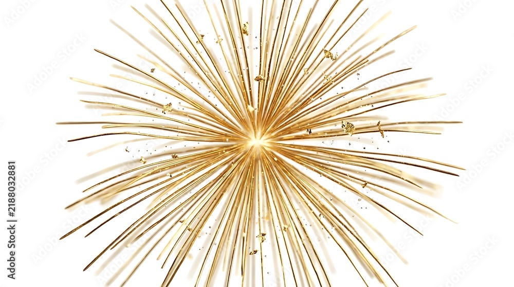 Obraz premium Abstract Elegant Golden Starburst Explosion with Gold Foil Flakes Isolated on White Background