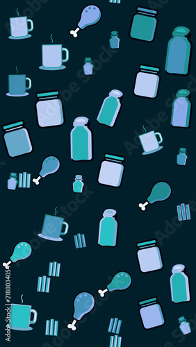 Pattern of mugs, chicken legs, and jars