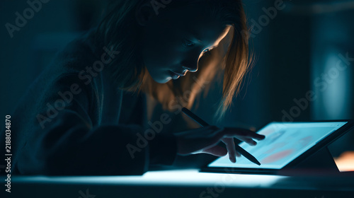 A young woman uses a digital stylus on a glowing tablet screen in the dark with illuminated device screen