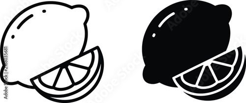 Fresh Whole Lemon With Slice Icon Set Vector Featuring Line Art And Silhouette Style Citrus Fruit Graphic Design