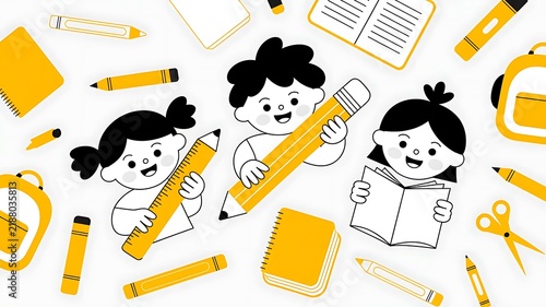 Minimalist, black-and-white characters with yellow featuring cute children with school stationery and books on white background