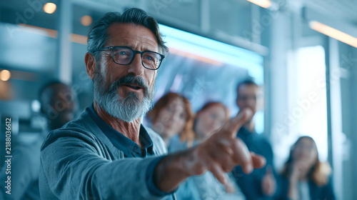 A mature businessman wearing glasses directs his team during a professional meeting in modern office with team colleagues brightly