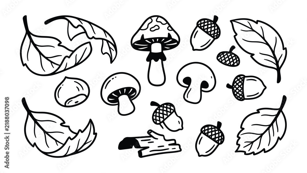Obraz premium Autumn Harvest Doodle: A charming hand-drawn collection of autumn elements including mushrooms, acorns, fallen leaves, and a piece of wood, perfect for seasonal designs and nature-themed projects.