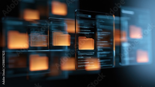 Modern glassmorphism file management interface with transparent folders and document search, idea for cloud storage, digital workspace
