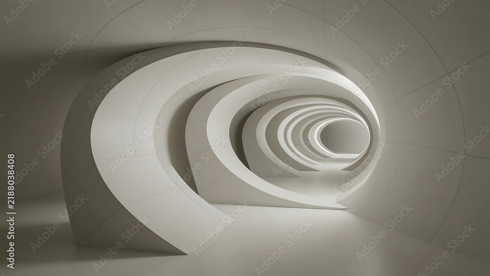 Obraz premium Abstract tunnel 3D render, futuristic architectural corridor with spiral curves and white light background