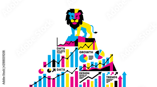 Lion atop colorful business growth charts