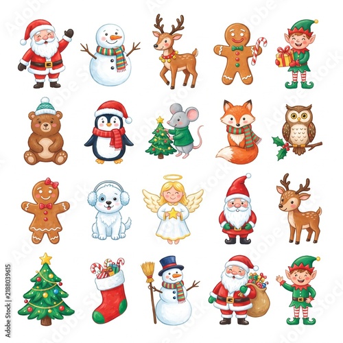 Cute Christmas Characters Collection featuring Santa Claus, Snowman, Reindeer, Elves, and Festive Winter Animals Illustrations for Holiday Greeting Cards and Festive Design Project