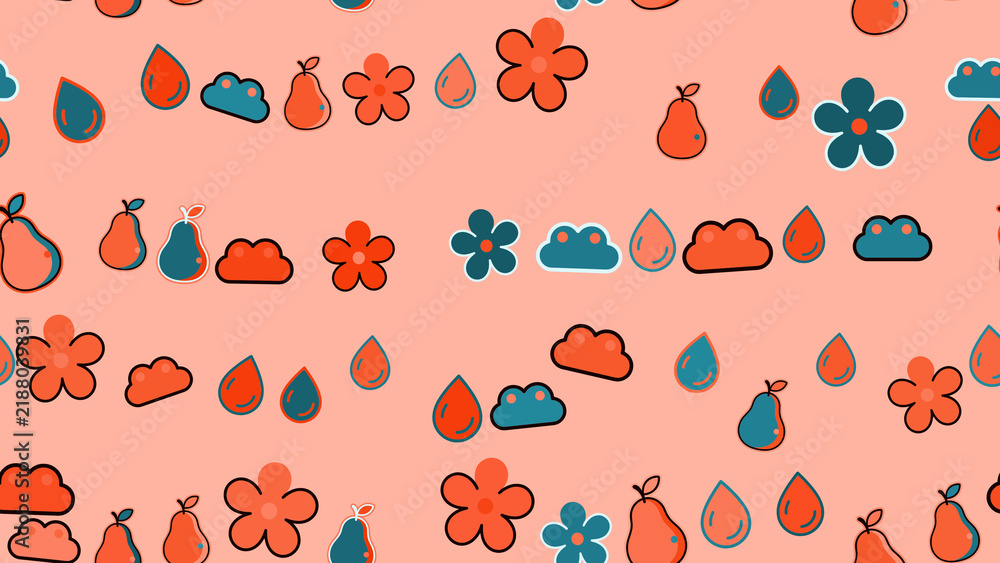 Seamless pattern with pears, flowers, clouds, and raindrops