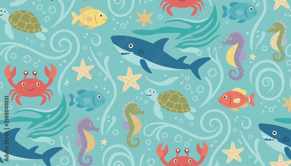 Fototapeta premium Sea life seamless pattern featuring blue sharks, red crabs, purple seahorses, and green turtles on a light blue background.