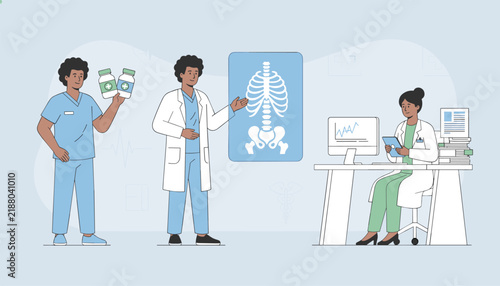 Medical team working in clinic featuring a nurse holding pill bottles, a doctor with a chest X-ray, and a female doctor at desk.
