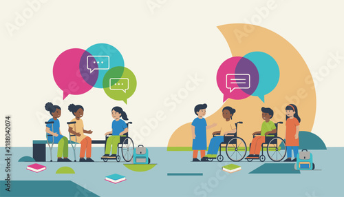 Inclusive education concept showing diverse children on wheelchairs and crutches talking happily together at school.