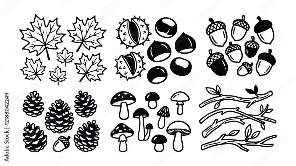 Fototapeta premium Autumnal Elements Collection: A charming set of hand-drawn illustrations featuring maple leaves, chestnuts, acorns, pinecones, mushrooms, and branches, evoking the essence of fall and nature's bounty.