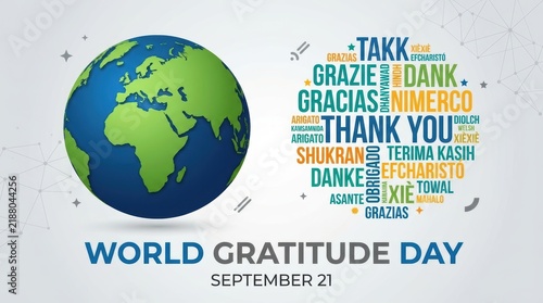 World Gratitude Day Banner with Globe and Thank You Word Cloud in Multiple Languages for September 21 Celebration