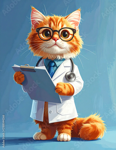 Cute fluffy orange cat dressed as a doctor, wearing glasses and a white coat, isolated background.