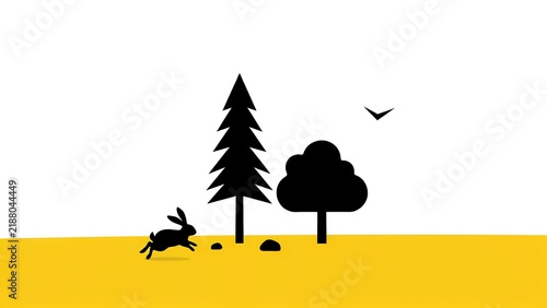 Minimalist, black-and-white characters with yellow forest background on white background