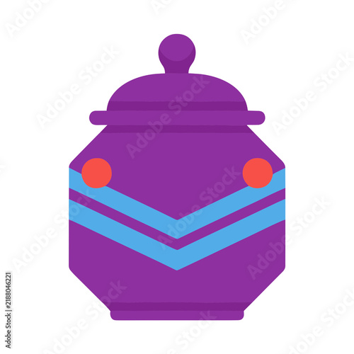 Purple jar with blue chevron stripes and red dots