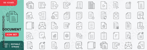Document icon set. Featuring file, folder, page, checklist, contract, paperwork, archive and attachment. Editable stroke vector icons collection.