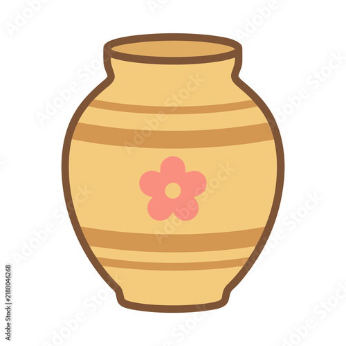 Yellow vase with pink flower and brown stripes
