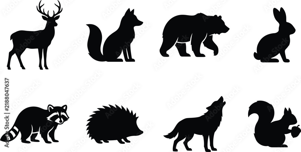 Fototapeta premium Forest Animal Silhouettes Set Featuring Deer, Fox, Bear, Rabbit, Raccoon, Hedgehog, Wolf, and Squirrel