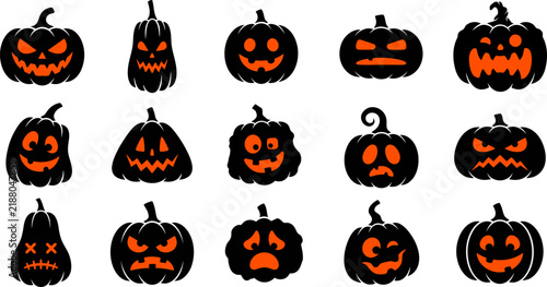 Set of fifteen hand drawn black pumpkins with glowing orange carved faces for spooky halloween holiday designs