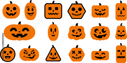 Set of various hand drawn orange pumpkins with different geometric shapes and spooky carved jack o lantern faces