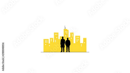 Minimalist, black-and-white characters with yellow city background on white background