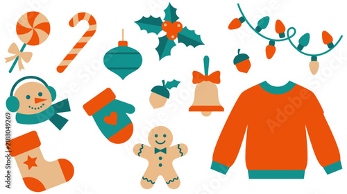 Christmas Clipart Element Set with Sweater, Gingerbread Man, Snowman and Holiday Decorations
