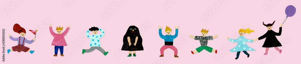 Fototapeta premium 水彩で描いた子どもたちの楽しいダンスと遊びの横長イラスト