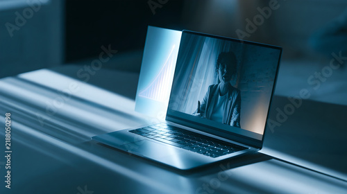 Silver laptop computer displaying a video call with a woman sitting on a desk in a dimly lit room with blue light