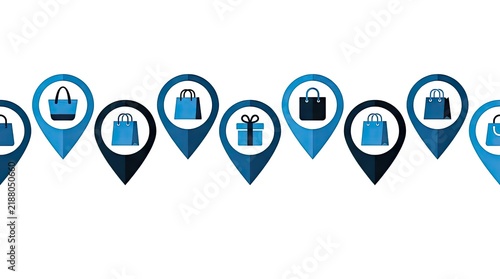 Map pins with shopping bag and gift icons.