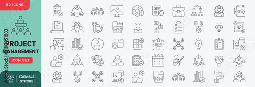 Project management icon set. planning, workflow, teamwork, scheduling, task, strategy, agile, kanban and productivity. Editable stroke vector icons.