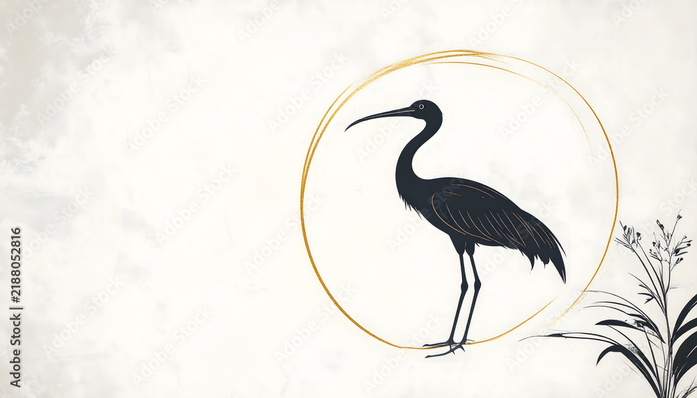 Fototapeta premium Minimalist Japanese Style Silhouette Illustration of Ibis Bird with Gold Circle
