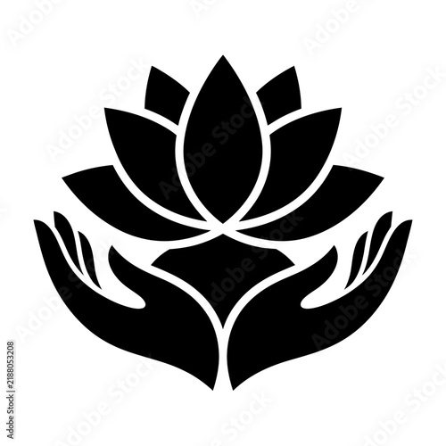 Black and white lotus flower held by hands symbol