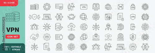 VPN icon set. Secure connection, online privacy, encryption, cybersecurity and anonymity. Editable stroke vector icons.