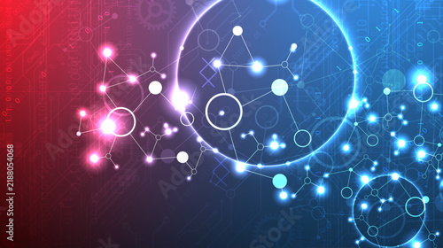 Abstract futuristic technology background with glowing molecular network, binary code and lens flare effect