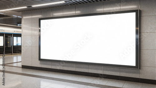 Blank light box billboard mockup on modern subway station wall