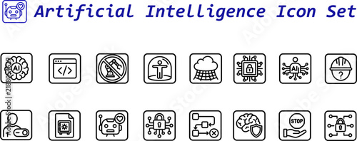 A comprehensive collection of black and white line art icons representing various concepts related to modern artificial intelligence technology
