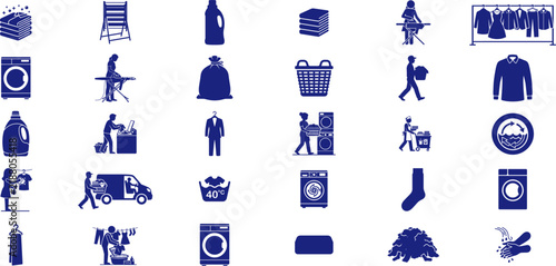 Laundry and dry cleaning service icon set showing washing and clothing care elements on white Collection