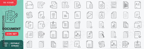 Document icon set. Featuring file, folder, page, checklist, contract, paperwork, archive and attachment. Editable stroke vector icons collection.