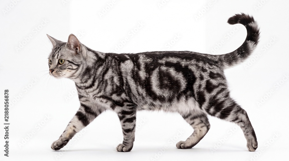 Fototapeta premium A cute tabby cat walking sideways on a clean surface