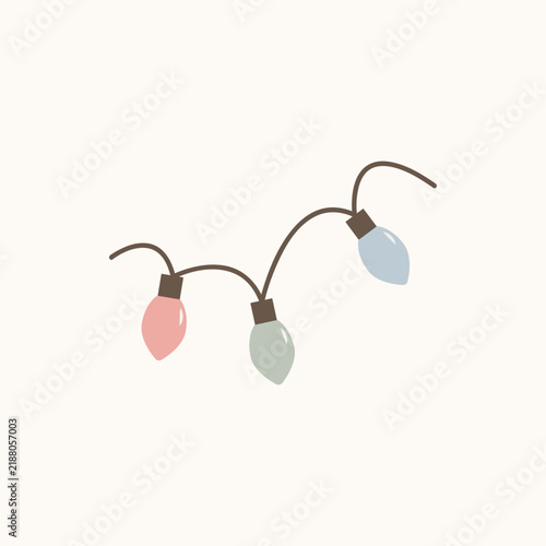 Flat design of a cozy festive light string with colorful pastel bulbs. Minimalist holiday garland isolated on light background for Christmas and New Year decorations.