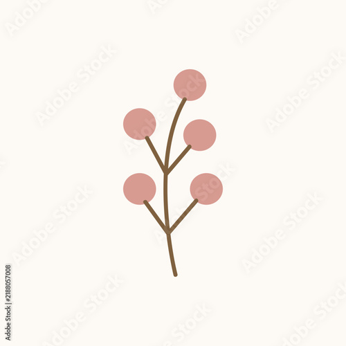 Cozy aesthetic branch with pink berries isolated on light background. Delicate botanical element in modern pastel colors for Christmas, New Year, and winter holiday designs.