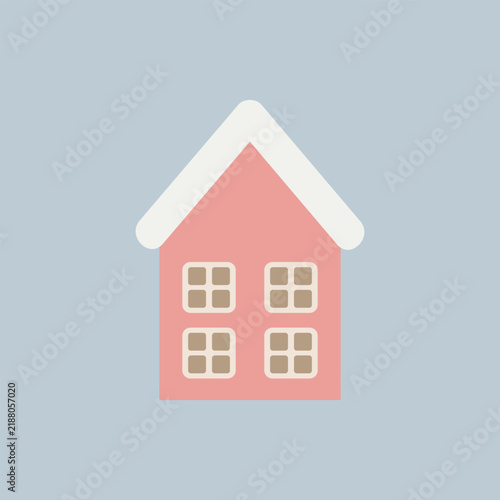 Flat design of a cozy two-story pink cottage covered with white snow. Cute winter home with four windows in pastel tones for Christmas and New Year background.