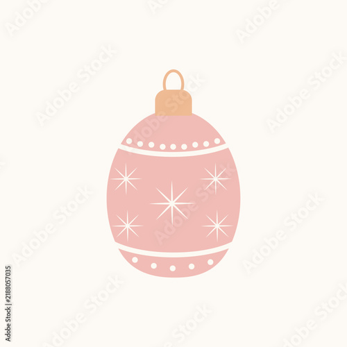 Minimalist retro style Christmas tree ornament decorated with snowflakes and dots. Cozy aesthetic holiday ball icon isolated on light background for festive design.