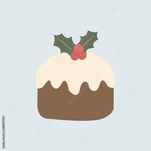 Flat design of a festive holiday cake icing with holly berry on top. Minimalist cozy winter dessert isolated on blue background for Christmas and New Year greeting cards.
