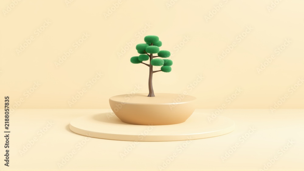 Obraz premium Minimalist tree sculpture sits atop pedestal. Soft beige background creates calm, serene presentation. Simple form, elegant design.